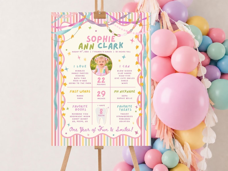 Étiquette cadeau d'anniversaire colorée et fantaisiste pour fille, décoration d'anniversaire pastel, étiquette cadeau à rayures girly, tous âges, modèle Canva modifiable, 250 PS image 11