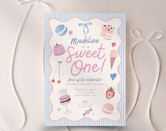 Invitación de primer cumpleaños para niña "Sweet One", invitación de primer cumpleaños "Whismical Coquette", plantilla de fiesta "Pastel Candyland", plantilla editable de Canva.