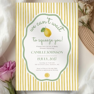 We Can’t Wait to Squeeze You Baby Shower Invitation Template, Lemon Baby Shower Invite, Citrus Theme, Editable Canva, Instant Download