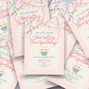 Pastel Cat Birthday Invitation Girl, Pink Whimsical Kitty Party Invite, Coquette Watercolor Cat Invitation, Editable Canva Template image 11