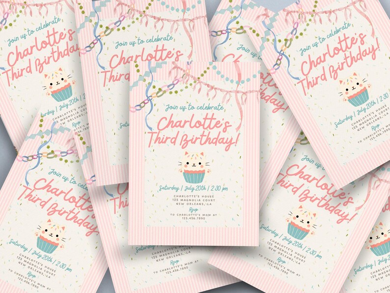 Pastel Cat Birthday Invitation Girl, Pink Whimsical Kitty Party Invite, Coquette Watercolor Cat Invitation, Editable Canva Template image 11