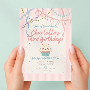 Pastel Cat Birthday Invitation Girl, Pink Whimsical Kitty Party Invite, Coquette Watercolor Cat Invitation, Editable Canva Template image 7