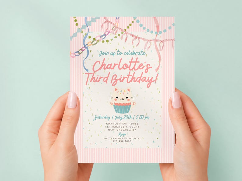 Pastel Cat Birthday Invitation Girl, Pink Whimsical Kitty Party Invite, Coquette Watercolor Cat Invitation, Editable Canva Template image 7
