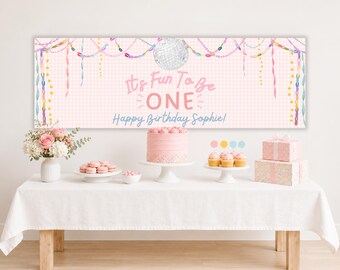 Pink Gingham Disco Birthday Banner, It's Fun To Be One Party Banner Backdrop, Pastel Disco Birthday Decor, Editable Canva Template, PS135