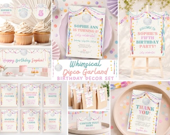 Lot d'anniversaire guirlande disco fantaisiste, décorations de fête fillettes rétro pastel, décoration boule disco chaîne en papier, modèle sur toile éditable, PS130