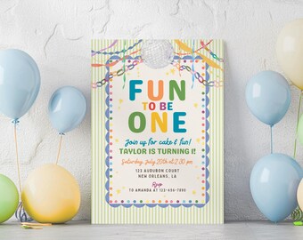 Faire-part d'anniversaire guirlande arc-en-ciel, invitation premier anniversaire disco colorée, guirlande de guirlandes en papier amusante, modèle de toile modifiable, PS140