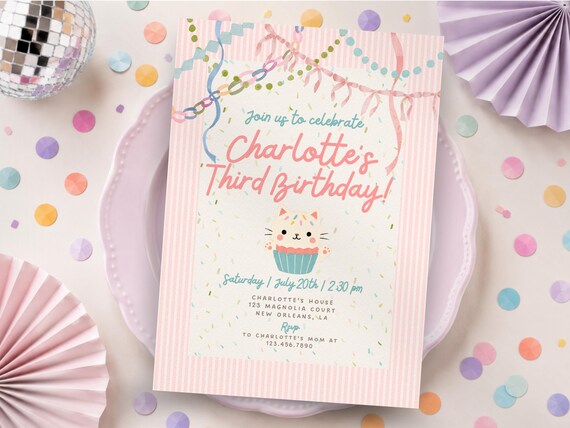 Pastel Cat Birthday Invitation Girl, Pink Whimsical Kitty Party Invite, Coquette Watercolor Cat Invitation, Editable Canva Template