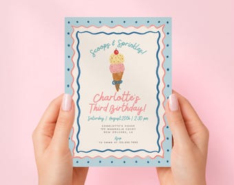 Ice Cream Birthday Invitation Girl, Here’s the Scoop Birthday Invite, Vintage Sprinkles Ice Cream Parlor Party, Editable Canva Template
