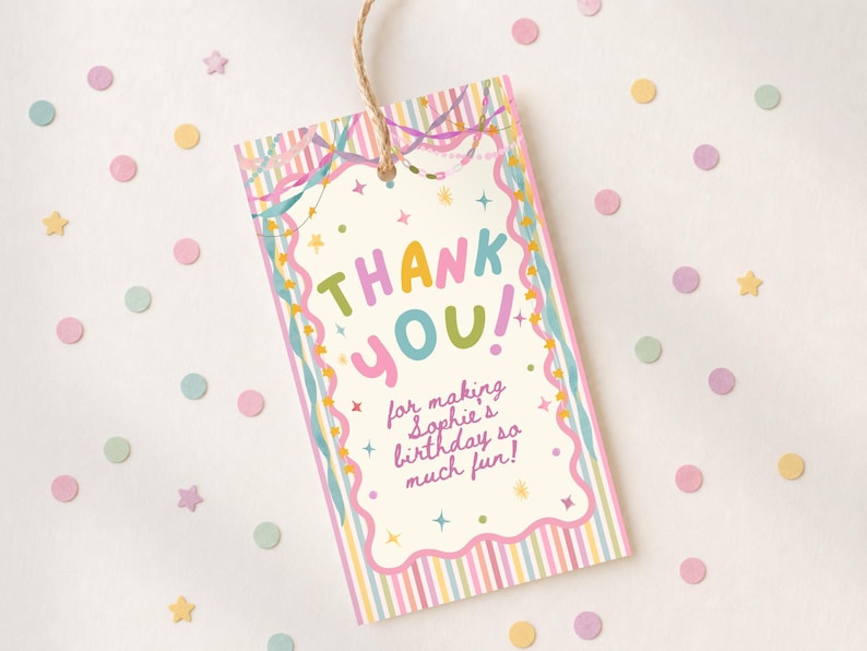 Étiquette cadeau d'anniversaire colorée et fantaisiste pour fille, décoration d'anniversaire pastel, étiquette cadeau à rayures girly, tous âges, modèle Canva modifiable, 250 PS image 3
