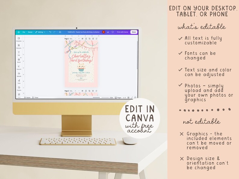 Pastel Cat Birthday Invitation Girl, Pink Whimsical Kitty Party Invite, Coquette Watercolor Cat Invitation, Editable Canva Template image 8