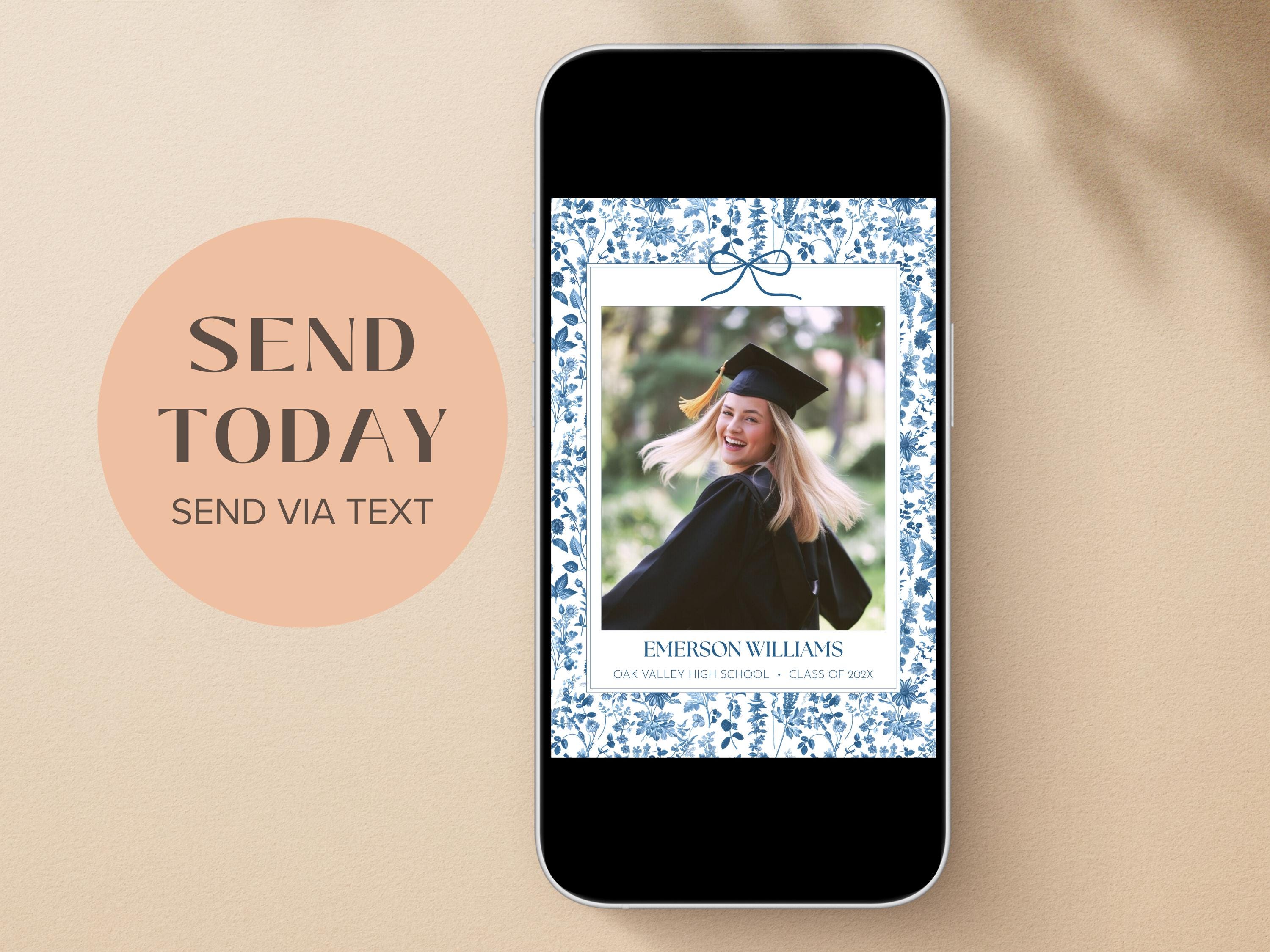 Gradution Card Back Floral Graduation Announcement Card – Blue Bow Photo Invitation, 4 ...