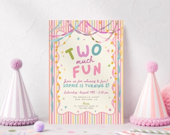 Two Much Fun Whimsical Girl 2nd Birthday Invitation, Colorful Pastel Birthday Invite, Striped Second Party, Editable Canva Template, PS250