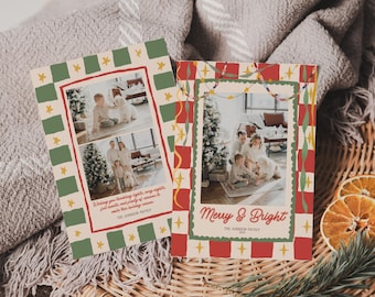 May include: Two rectangular holiday greeting cards featuring family photographs. The left card has a green and cream checkered border with yellow stars. The right card has a red and cream checkered border with festive garland and the text Merry & Bright.