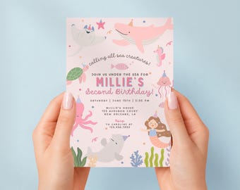 Under the Sea Birthday Invitation Girl, Ocean Birthday Invite, Mermaid Birthday Invitation, Sea Animals Party, Any Age, Editable Canva