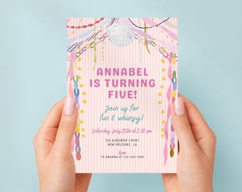 Pastel Disco Garland Girl Birthday Invitation, Whimsical Retro Party Invite, Paper Chain Disco Ball Birthday Invite, Editable Canva Template