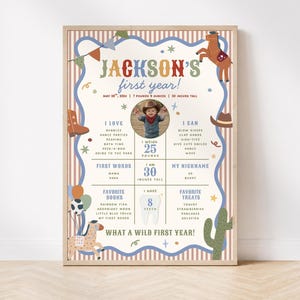 May include: A rectangular milestone poster titled Jackson's first year! featuring a central photo of a child, western-themed illustrations like a horse, cowboy boots, and a cactus, with text detailing birth stats, likes, and milestones.