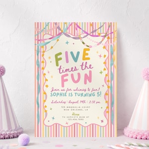 Puede incluir: Una tarjeta de invitación de cumpleaños rectangular con un borde de rayas pastel, serpentinas y estrellas. El texto dice Five times the fun, Join us for whimsy & fun! Sophie is turning 5!, Saturday August 19th 2:30 pm, 123 Magnolia Court New Orleans, LA, RSVP to Sophie's mom at 123.456.7890.