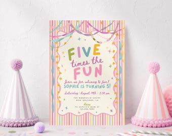 Five Times The Fun Whimsical Girl 5th Birthday Invitation, Colorful Striped Pastel Fifth Birthday Invite, Editable Canva Template, PS250
