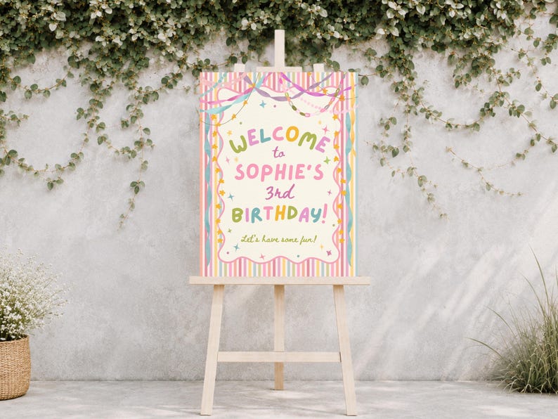 Colorful Whimsical Fun Girl Birthday Invitation, Pastel Birthday Invite, Girly Striped Party, Any Age, Editable Canva Template, PS250 image 14