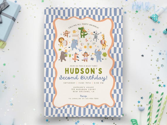 Party Animals Birthday Invitation, Wild Animal Kids Birthday, Musical Animals Theme, Two Wild Birthday Party Invite, Editable Canva Template