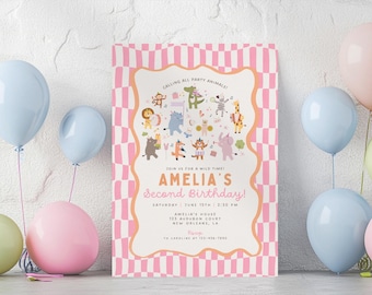 Party Animals Birthday Invitation, Retro Animal Party Invite. Pink Safari Girl Invite, Musical Animals Theme, Editable Canva Template