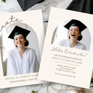 Modern Minimal Graduation Invitation – Neutral Grad Card Template, 2 Optional Backs, Editable Canva Template (Instant Download)