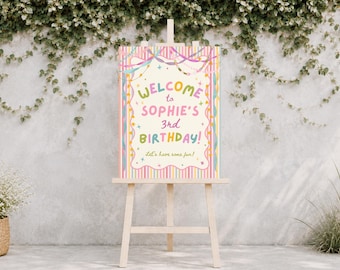 Panneau de bienvenue coloré et fantaisiste pour un anniversaire de fille, décoration d'anniversaire pastel, panneau de fête à rayures girly, tous âges, modèle Canva modifiable, 250 PS