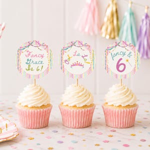 Fancy Girl verjaardagscupcaketoppers, kleurrijke Ooh La La feestdecoratie, meisjesachtige verkleedverjaardagsdecoratielabel, bewerkbare Canva-sjabloon, PS190