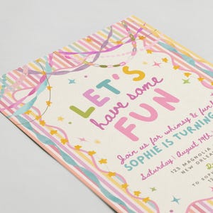 Colorful Whimsical Fun Girl Birthday Invitation, Pastel Birthday Invite, Girly Striped Party, Any Age, Editable Canva Template, PS250 image 5