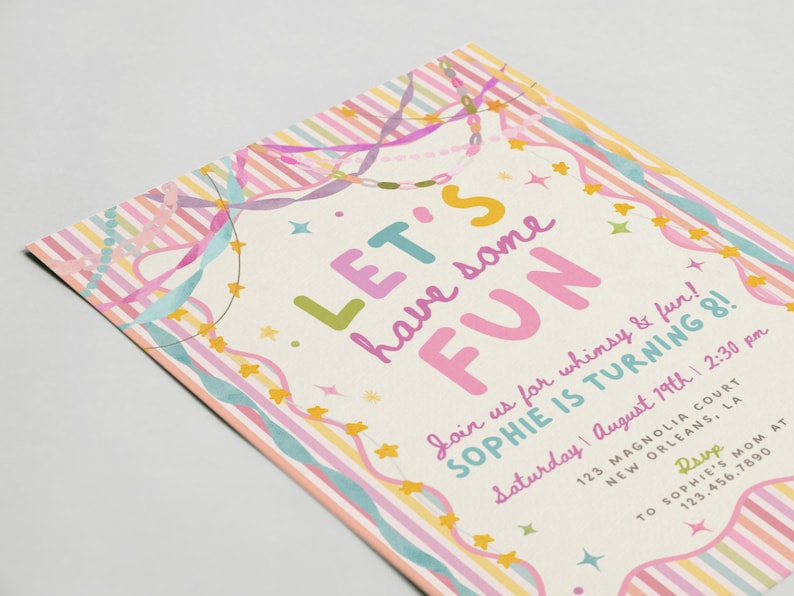 Colorful Whimsical Fun Girl Birthday Invitation, Pastel Birthday Invite, Girly Striped Party, Any Age, Editable Canva Template, PS250 image 5
