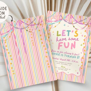 Colorful Whimsical Fun Girl Birthday Invitation, Pastel Birthday Invite, Girly Striped Party, Any Age, Editable Canva Template, PS250 image 2