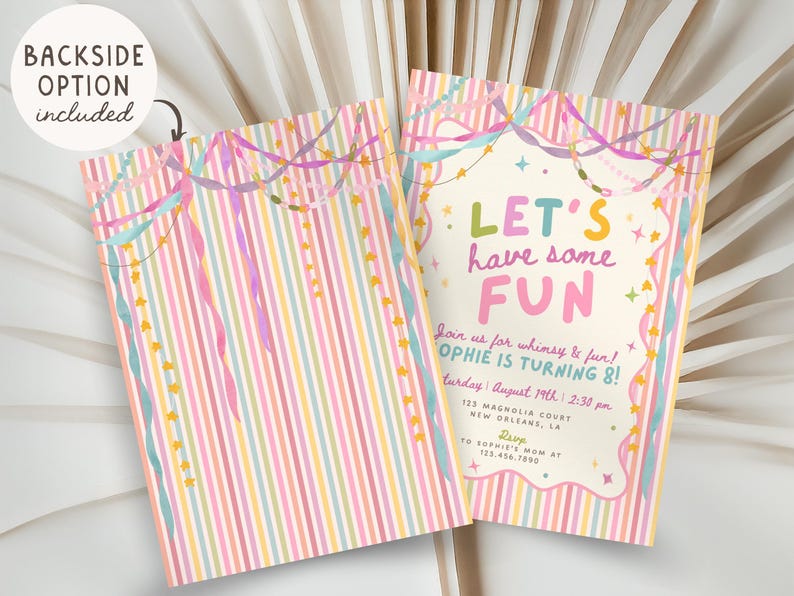Colorful Whimsical Fun Girl Birthday Invitation, Pastel Birthday Invite, Girly Striped Party, Any Age, Editable Canva Template, PS250 image 2