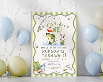 Faire-part d'anniversaire O-Fish-Ally, 1er anniversaire de pêche, anniversaire Ofishally Boy, invitation de fête de pêcheur, modèle de toile modifiable