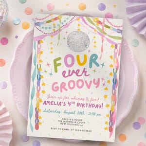 May include: A rectangular birthday invitation card featuring a disco ball illustration and the text FOUR ever GROOVY. It includes details for Amelia's 4th birthday on August 20th at 2:30 pm at 123 Magnolia Court, New Orleans, LA, with RSVP to Emma at 123.456.7890.