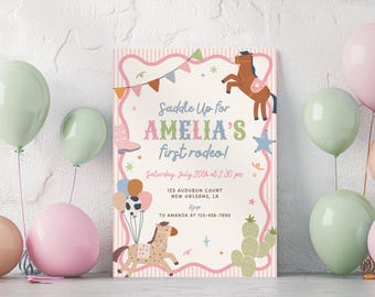 Faire-part d'anniversaire rose premier rodéo, cow-girl premier anniversaire inviter une fille, fête de rodéo western, modèle de toile éditable