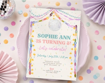 Whimsical Disco Garland Birthday Invitation, Pastel Retro Girl Party Invite, Paper Chain Disco Ball Birthday, Editable Canva Template, PS130