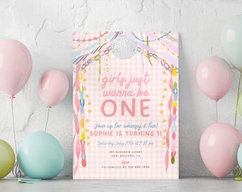 Girls Just Wanna Be One Birthday Invitation, Pink Disco Garland 1st Birthday Party Invite, Pastel Gingham, Editable Canva Template, PS135