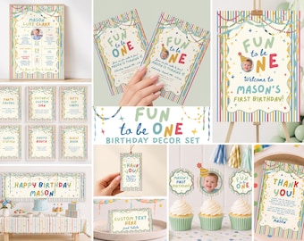 Puede incluir: Un conjunto de decoración para cumpleaños con un borde de rayas coloridas y gráficos de guirnaldas festivas. La colección incluye invitaciones, carteles de bienvenida, tarjetas de agradecimiento, adornos para cupcakes y etiquetas de comida.