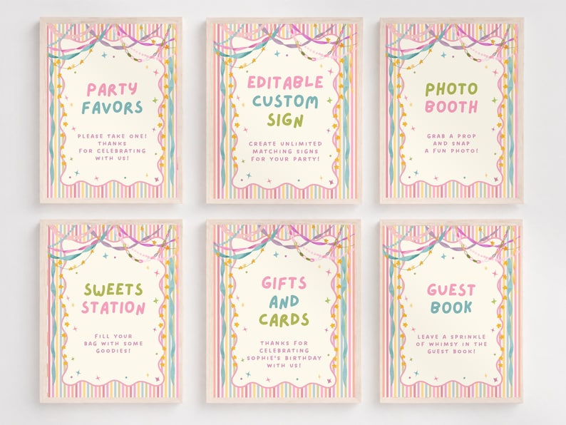 Étiquette cadeau d'anniversaire colorée et fantaisiste pour fille, décoration d'anniversaire pastel, étiquette cadeau à rayures girly, tous âges, modèle Canva modifiable, 250 PS image 12