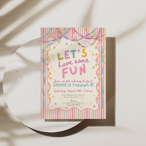 Colorful Whimsical Fun Girl Birthday Invitation, Pastel Birthday Invite, Girly Striped Party, Any Age, Editable Canva Template, PS250 image 6