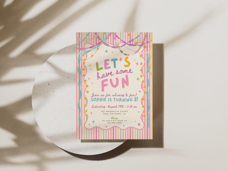 Colorful Whimsical Fun Girl Birthday Invitation, Pastel Birthday Invite, Girly Striped Party, Any Age, Editable Canva Template, PS250 image 6