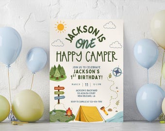 Faire-part 1er anniversaire Un campeur heureux, invitation d'anniversaire de camping, faire-part premier anniversaire de garçon, fête d'aventure, modèle de toile modifiable