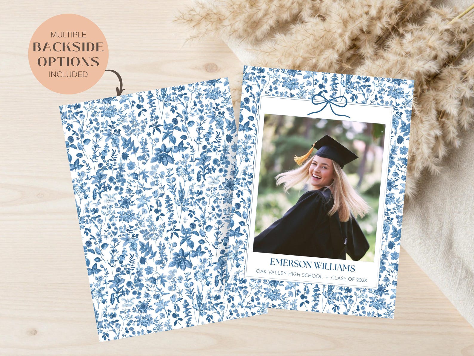 Gradution Card Back Floral Graduation Announcement Card – Blue Bow Photo Invitation, 4 ...