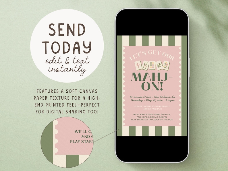 Mahjong Party Invitation, Let's Get Our Mahj On Invite, Game Night Invite, Mahjong Birthday Invitation, Editable Canva Template image 4
