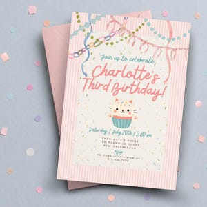 Pastel Cat Birthday Invitation Girl, Pink Whimsical Kitty Party Invite, Coquette Watercolor Cat Invitation, Editable Canva Template image 6