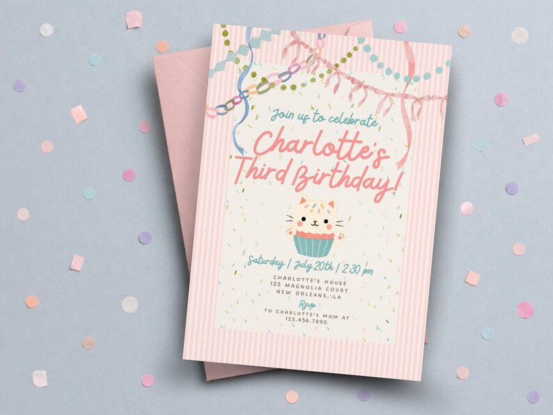 Pastel Cat Birthday Invitation Girl, Pink Whimsical Kitty Party Invite, Coquette Watercolor Cat Invitation, Editable Canva Template image 6