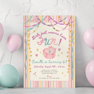May include: A rectangular party invitation card featuring a cream background with vertical pastel stripes, pink ribbons, and stars. The text reads: Girls just wanna have FUN! Camille is turning 6! Saturday August 19th 2:30 pm, Camille's House 123 Magnolia Court New Orleans, LA, RSVP to Emma at 123.456.7890.