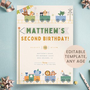 Invitación de cumpleaños con temática de tren, invitación para fiesta infantil con temática de tren, plantilla editable de Canva, invitación de cumpleaños con temática de tren y animales, invitación de cumpleaños para niño, para cualquier edad.
