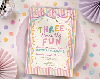 Three Times The Fun Whimsical Girl 3rd Birthday Invitation, Colorful Pastel Birthday Invite, Striped Third, Editable Canva Template, PS250
