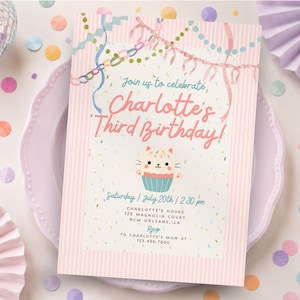 Pastel Cat Birthday Invitation Girl, Pink Whimsical Kitty Party Invite, Coquette Watercolor Cat Invitation, Editable Canva Template image 1